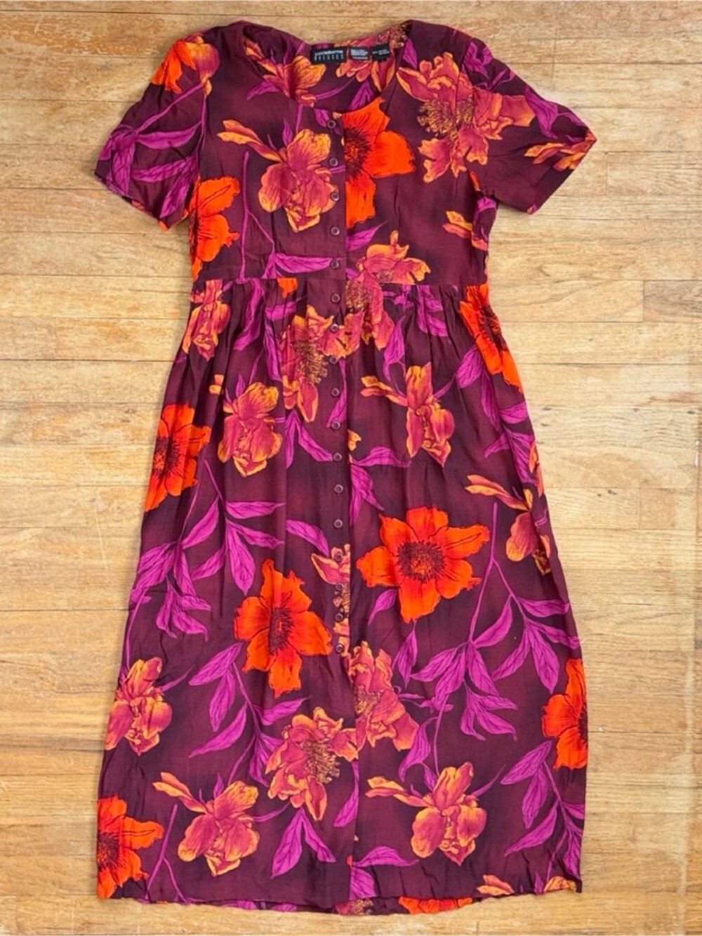 Vintage Floral Button Up Midi Dress Size Small 90s Purple Orange Shirtdress
